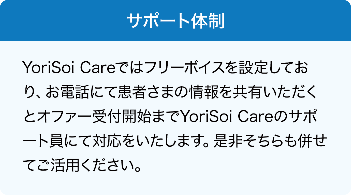 サポート体制 YoriSoi Careではフリーボイスを設定しており、お電話にて患者さまの情報を共有いただくとオファー受付開始までYoriSoi Careのサポート員にて対応をいたします。是非そちらも併せてご活用ください。